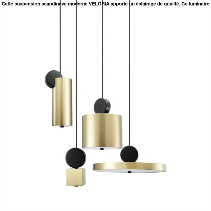Suspension luminaire altis avec abat-jours cylindriques et disques en métal doré brossé et éléments noirs mats pour décoration intérieure moderne
