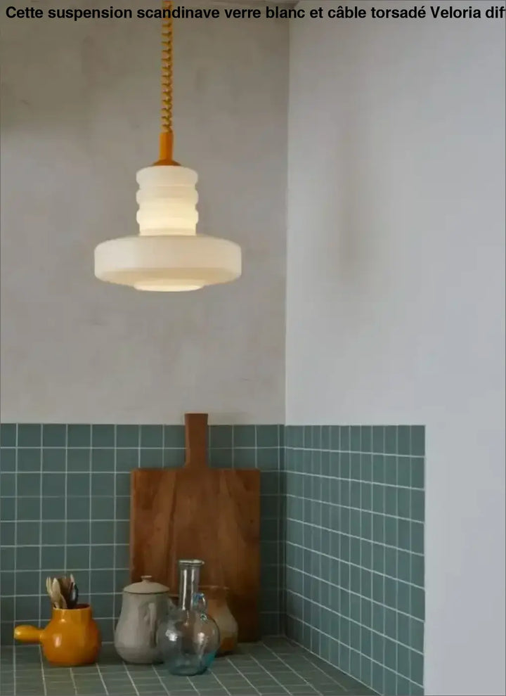 Suspension scandinave Verre Blanc et Câble Torsadé 