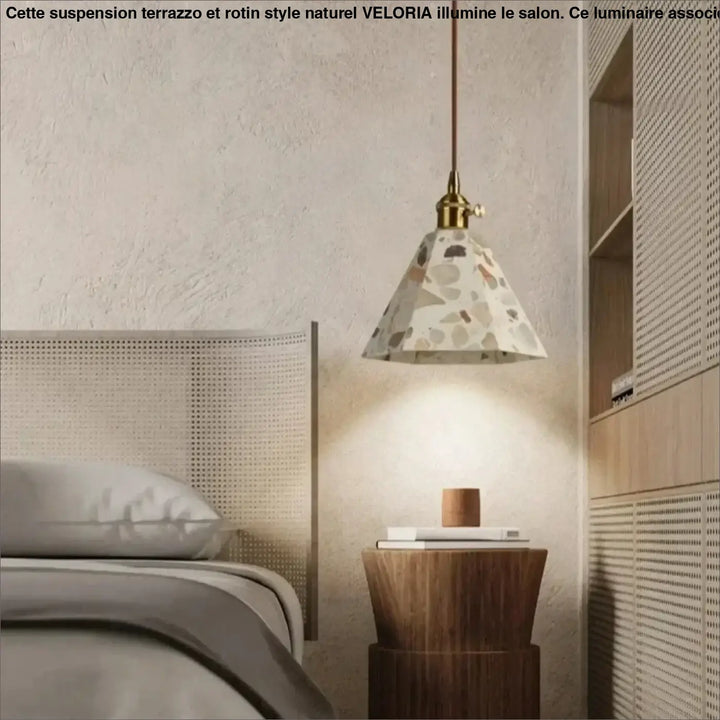 Suspension terrazzo et rotin style naturel pour salon


