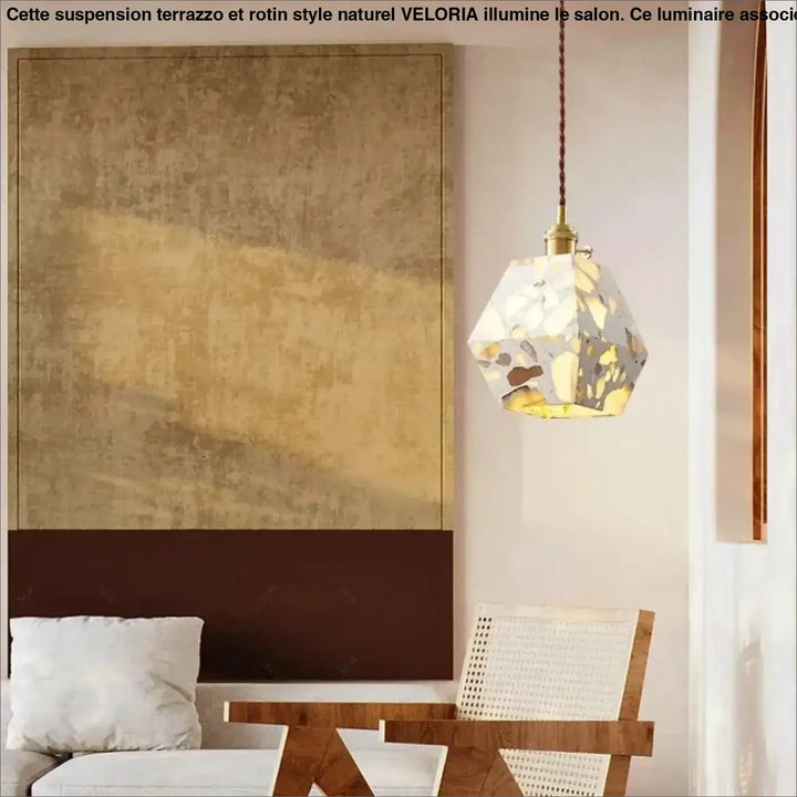 Suspension terrazzo et rotin style naturel pour salon

