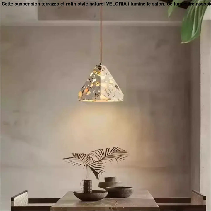 Suspension terrazzo et rotin style naturel pour salon

