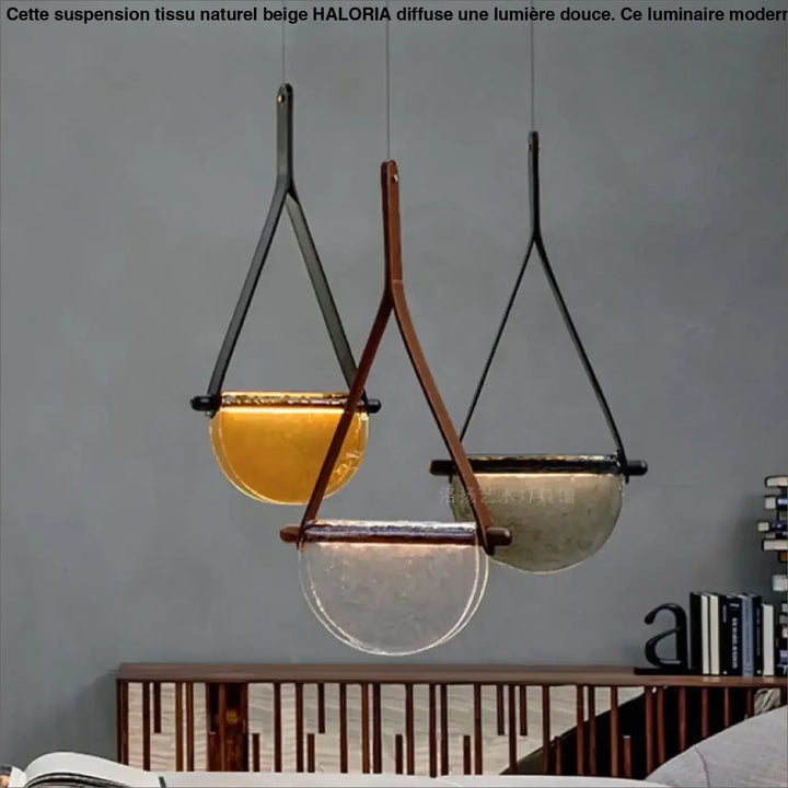 Suspension verre soufflé avec sangle cuir ambiance chic