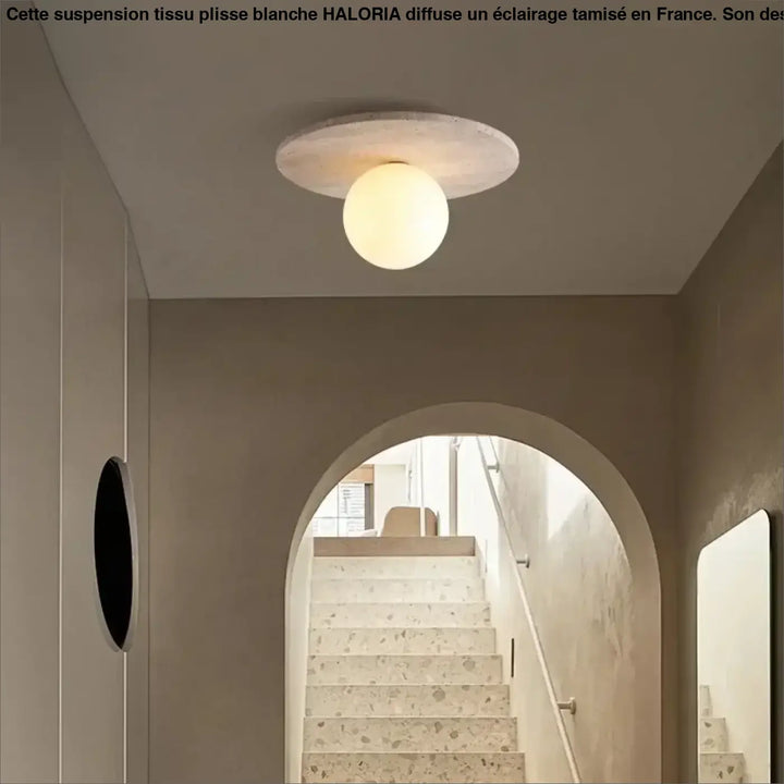 Plafonnier design en Pierre clair et globe en verre blanc moderne

