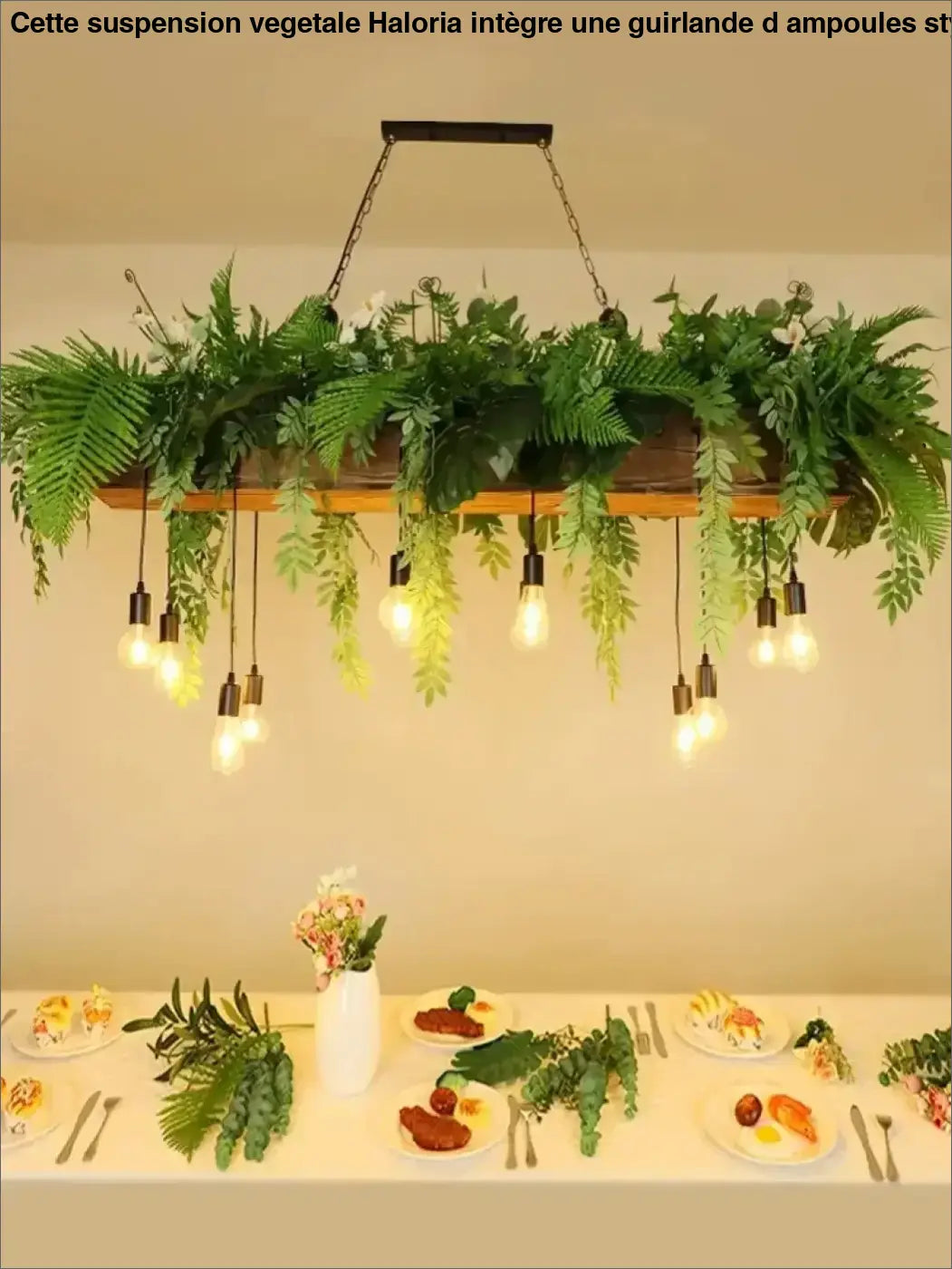 Suspension végétale avec guirlande d’ampoules style naturel cosy

