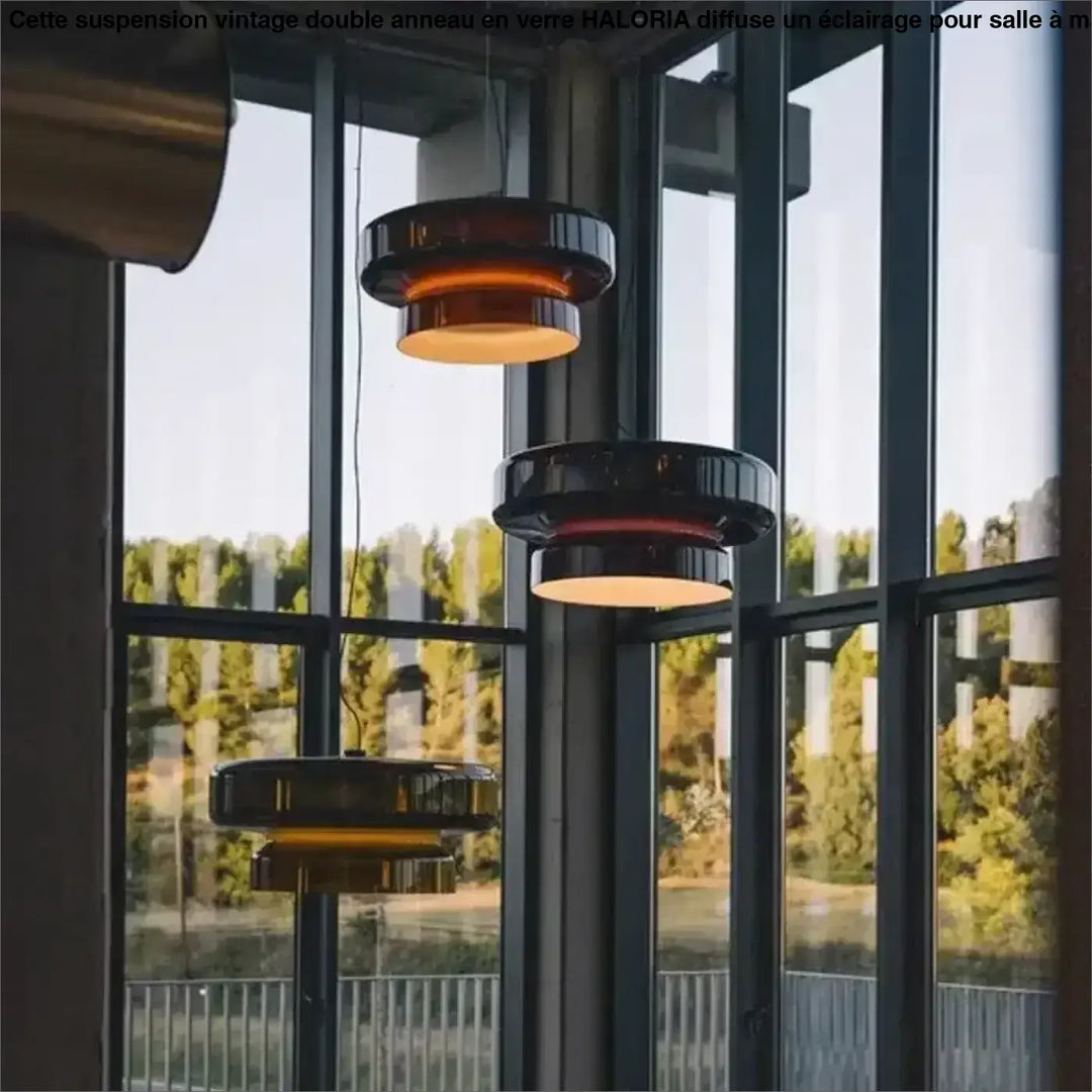 Suspension vintage double anneau en verre pour salle à manger

