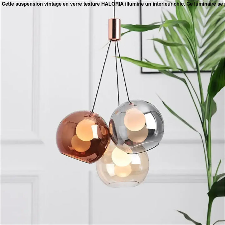 Suspension luminaire moderne tronium avec trois globes en verre ambre, gris givré et clair pour salle à manger