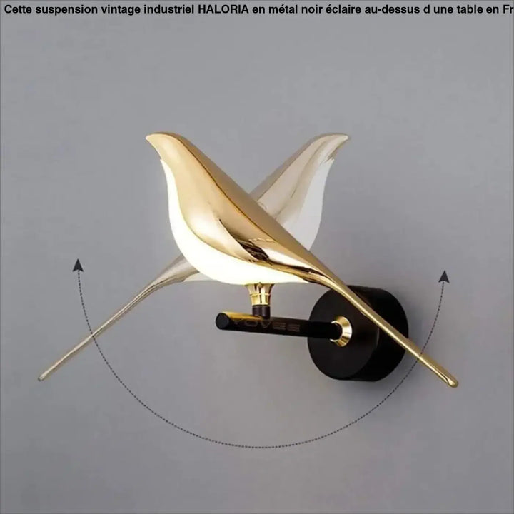 Suspension vintage industriel haloria en laiton doré en forme d’oiseau avec base circulaire noire design moderne