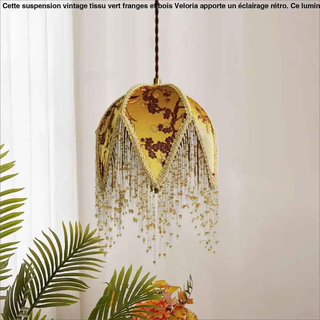 Suspension Vintage Tissu Vert Franges et Bois Design Retro

