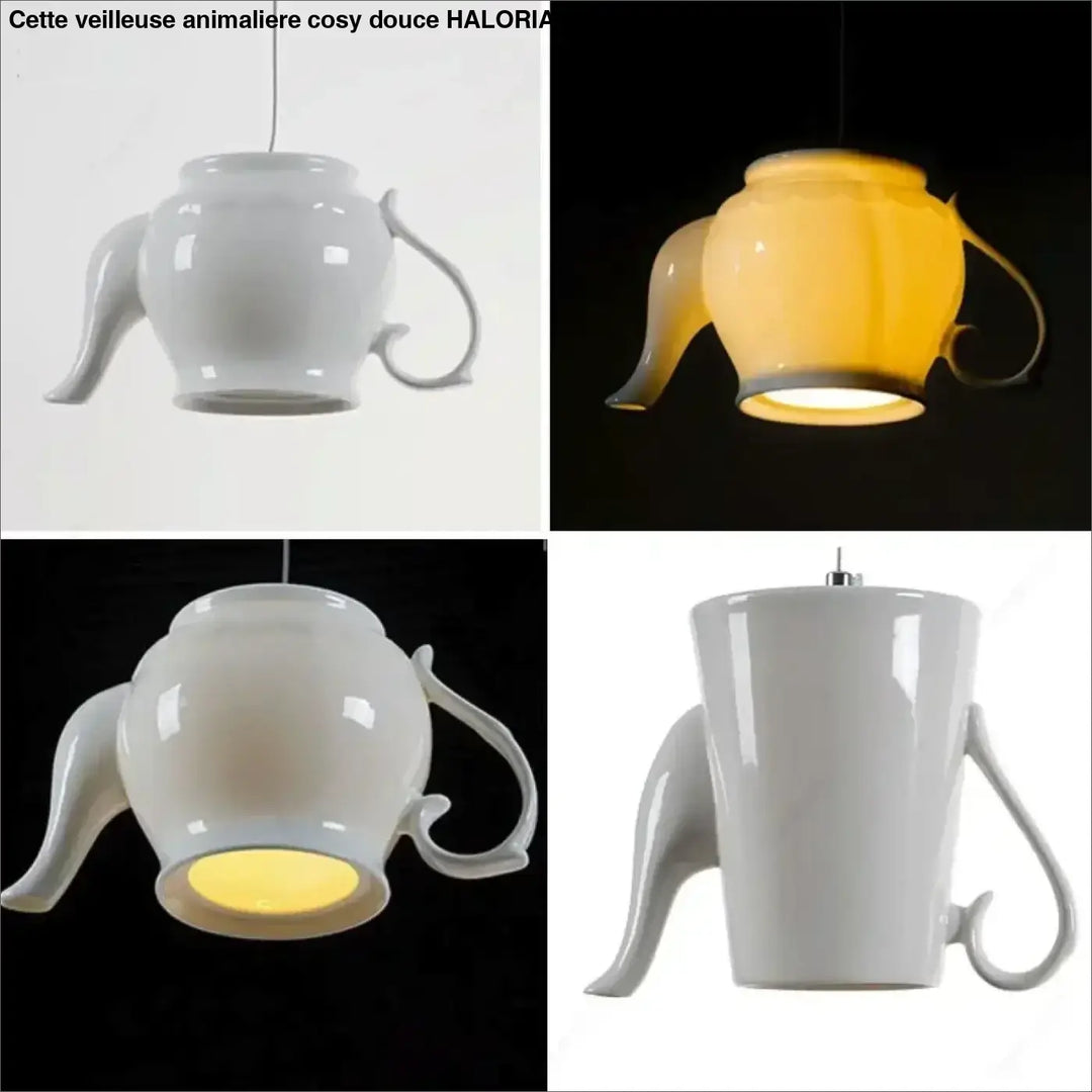 Suspension luminaire en céramique blanche en forme de théière avec fini brillant et bec incurvé style intemporel