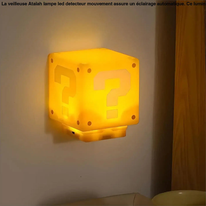 Veilleuse atalah lampe led detecteur mouvement cube jaune translucide avec point dinterrogation en plastique