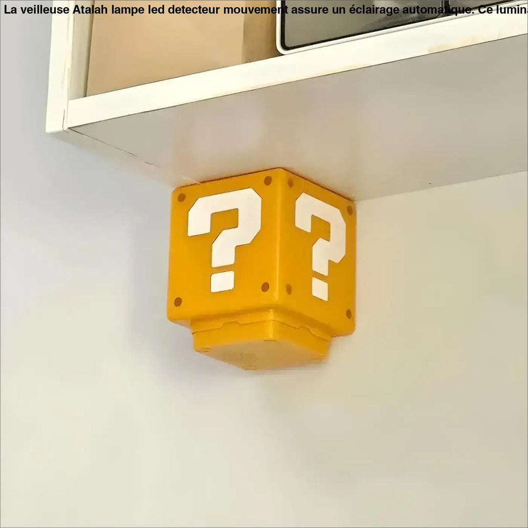 Veilleuse atalah lampe led detecteur jaune en forme de cube avec motifs de points dinterrogation blancs visibles