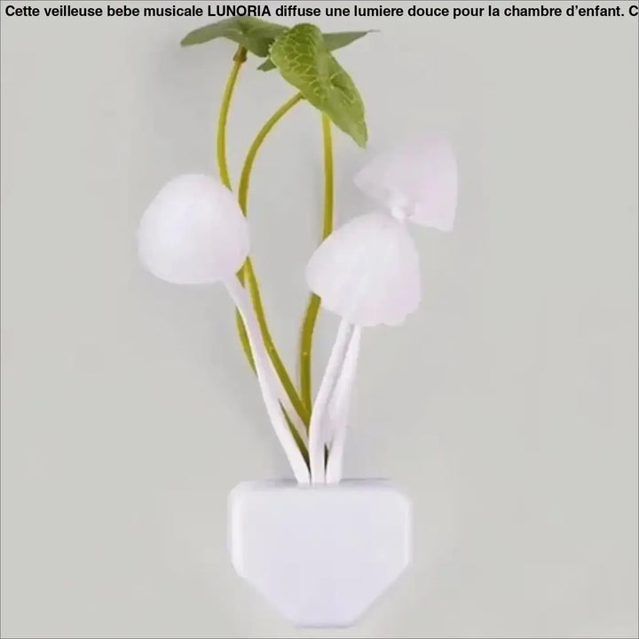 Veilleuse champignon led en plastique blanc avec tiges feuillues vertes et base hexagonale par vouni