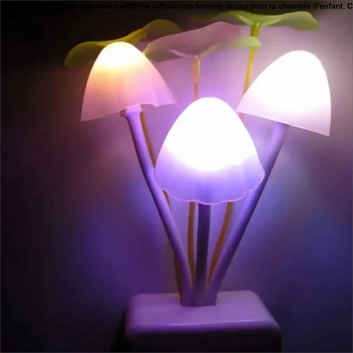 Veilleuse champignon led violette avec chapeaux lumineux et feuilles vertes modèle vouni pour décoration intérieure