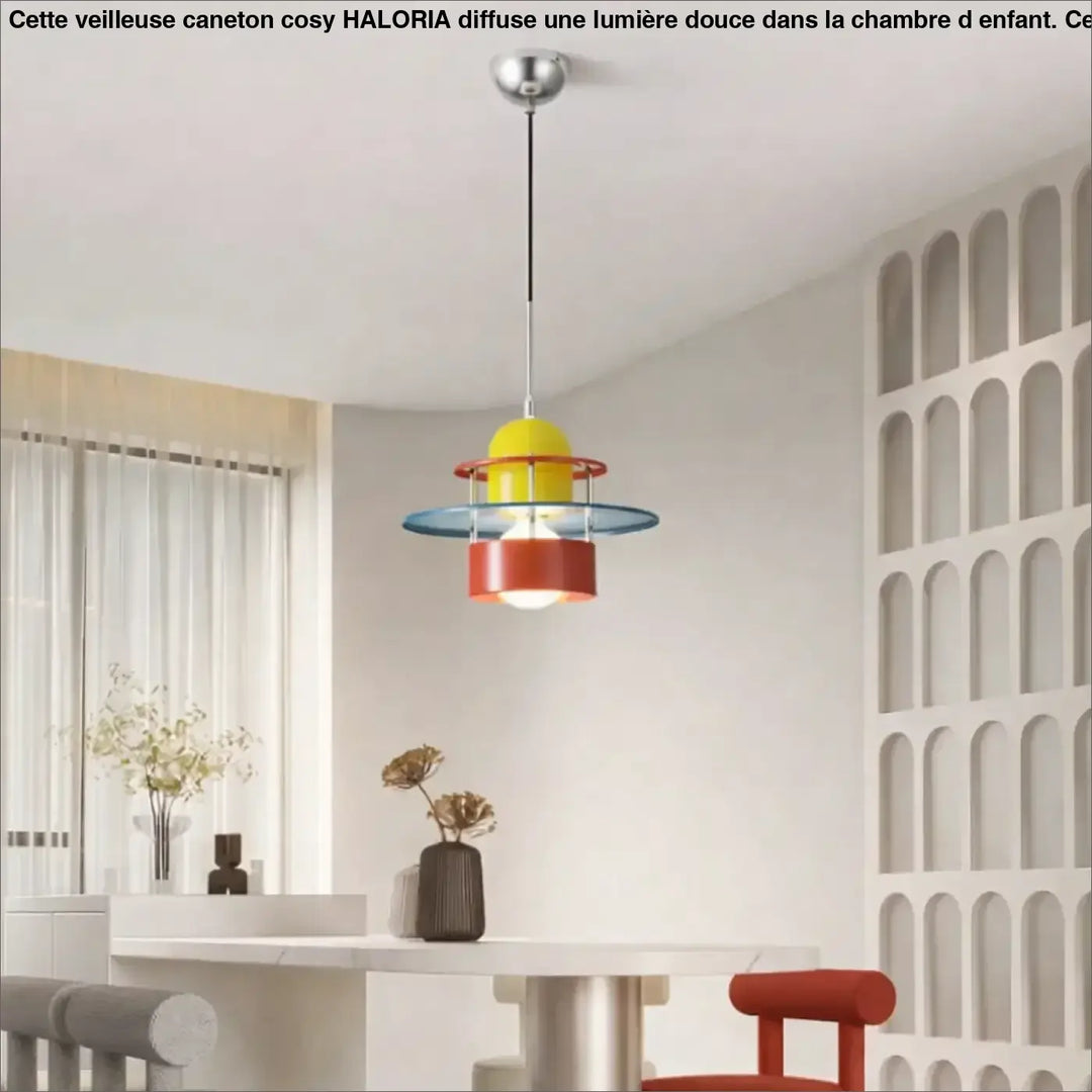 Suspension luminaire rétro-vintage avec design géométrique jaune rouge bleu en métal suspendu avec présence douce