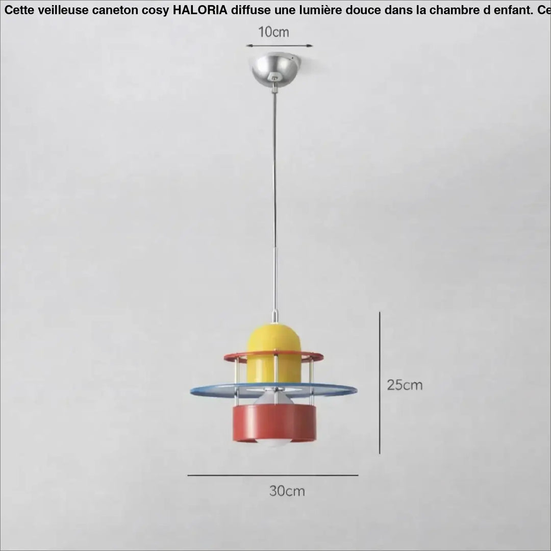 Suspension luminaire style rétro-vintage avec dôme jaune, anneaux rouges et bleus, tige métallique argentée pour présence douce