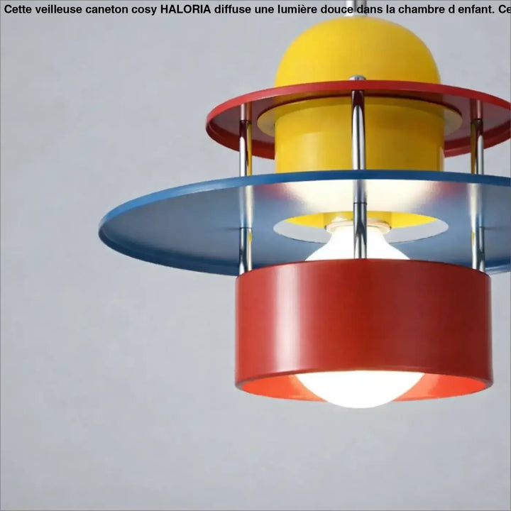 Suspension luminaire rétrolux avec abat-jour concentrique multicolore jaune rouge et bleu pour une présence douce style rétro-vintage