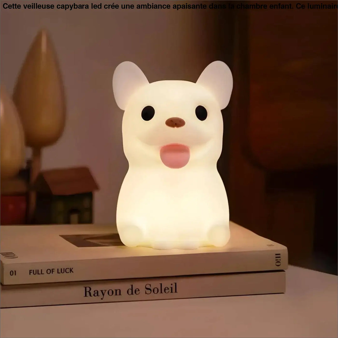 Veilleuse capybara led chambre d’enfant douce blanche en forme de chien cartoon avec yeux noirs et langue rose