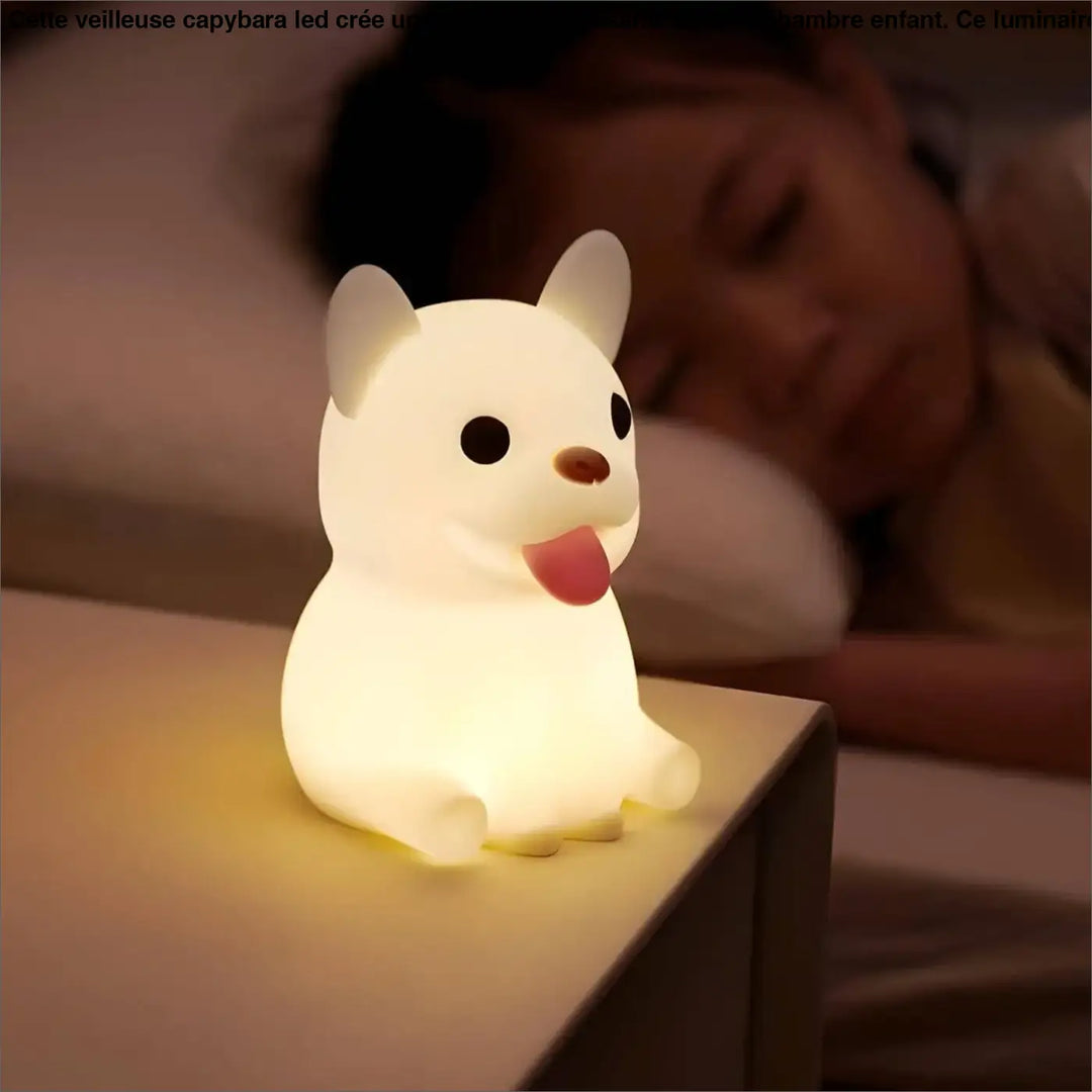 Veilleuse capybara led en silicone blanc doux en forme de chien cartoon avec yeux noirs et nez marron pour chambre d’enfant
