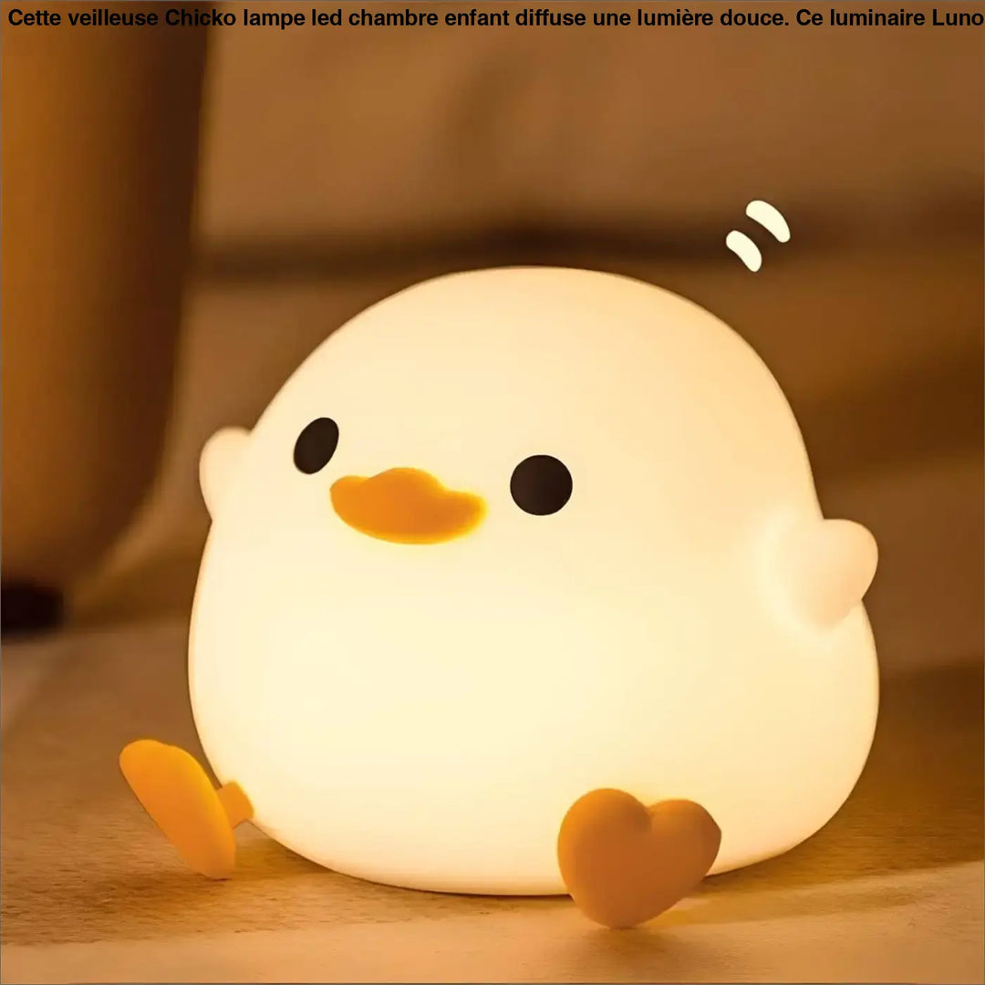 Veilleuse chicko lampe led en forme de canard blanc peluche avec bec et pieds orange, douce lumière pour chambre d’enfant