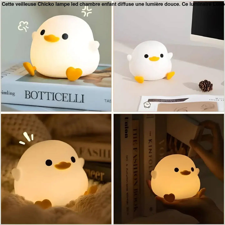 Veilleuse chicko lampe led en peluche blanc et jaune en forme de canard avec une douce illumination pour chambre d’enfant