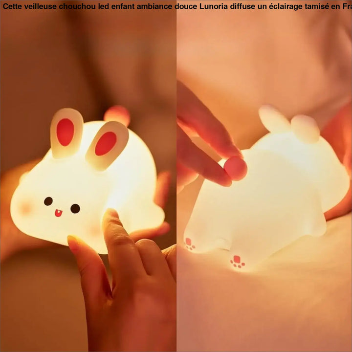 Veilleuse chouchou led enfant forme lapin blanc doux avec oreilles rouges et pattes roses pour led enfant ambiance