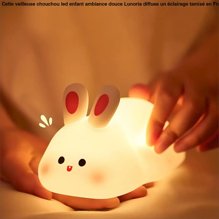 Veilleuse chouchou led enfant en forme de lapin blanc doux avec oreilles rouges pour led enfant ambiance douce lunoria