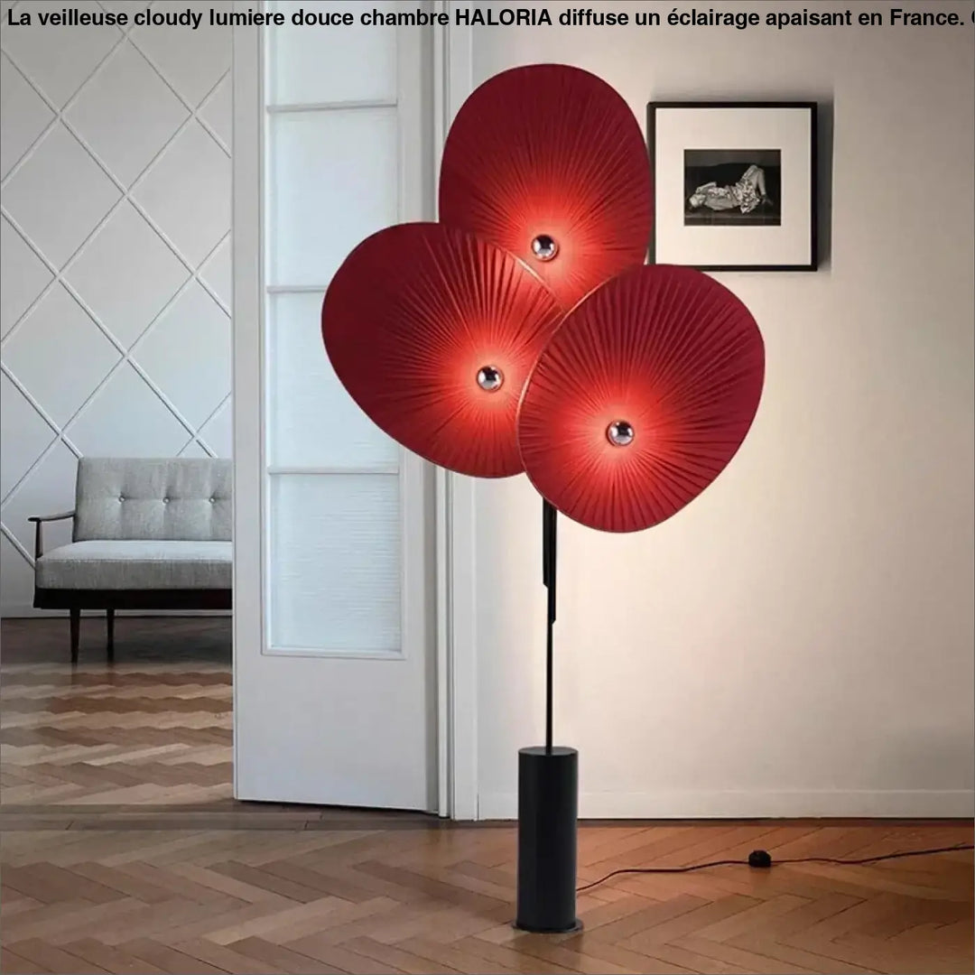 Lampadaire moderne rouge à disques texturés avec détails dorés