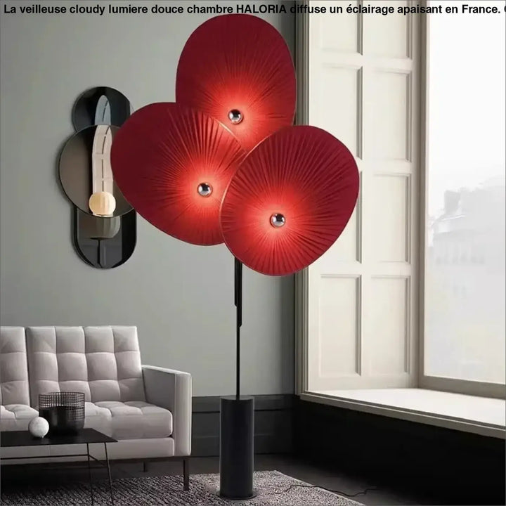 Lampadaire moderne rouge à disques texturés avec détails dorés
