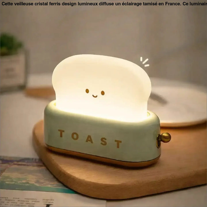 Veilleuse kawaii toast en forme de grille-pain mint vert doux avec lumière douce et visage souriant pour chambre enfant