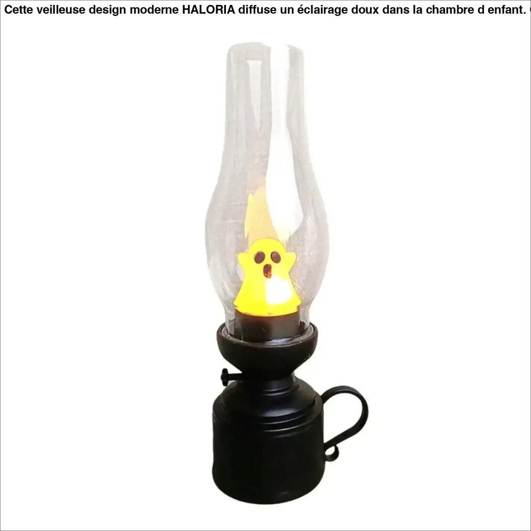 Veilleuse hallo en métal noir avec cheminée en verre clair et led effet flamme jaune fantôme pour décoration intérieure