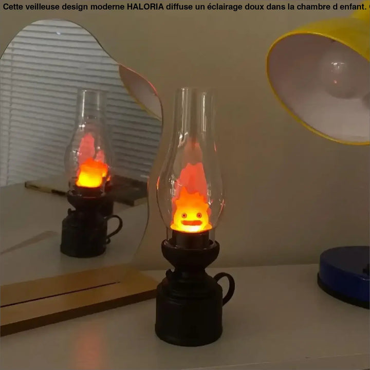 Veilleuse hallo noire vintage en verre avec effet flamme orange led effet décoration intérieure originale