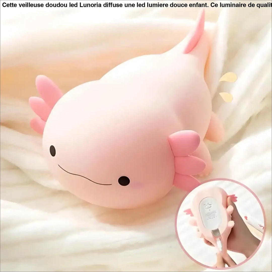 Veilleuse doudou led en forme daxolotl rose avec lumiere douce et branchies delicates pour enfant lunoria