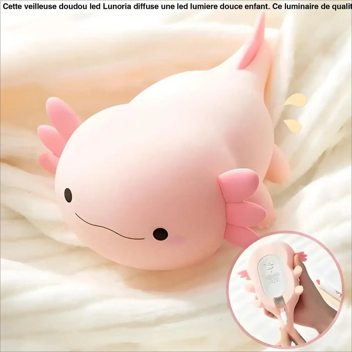 Veilleuse doudou led en forme daxolotl rose avec lumiere douce et branchies delicates pour enfant lunoria