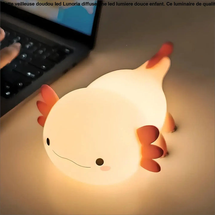Veilleuse doudou led axolotl blanc et orange avec led lumière douce et éclairement doux pour enfant lunoria