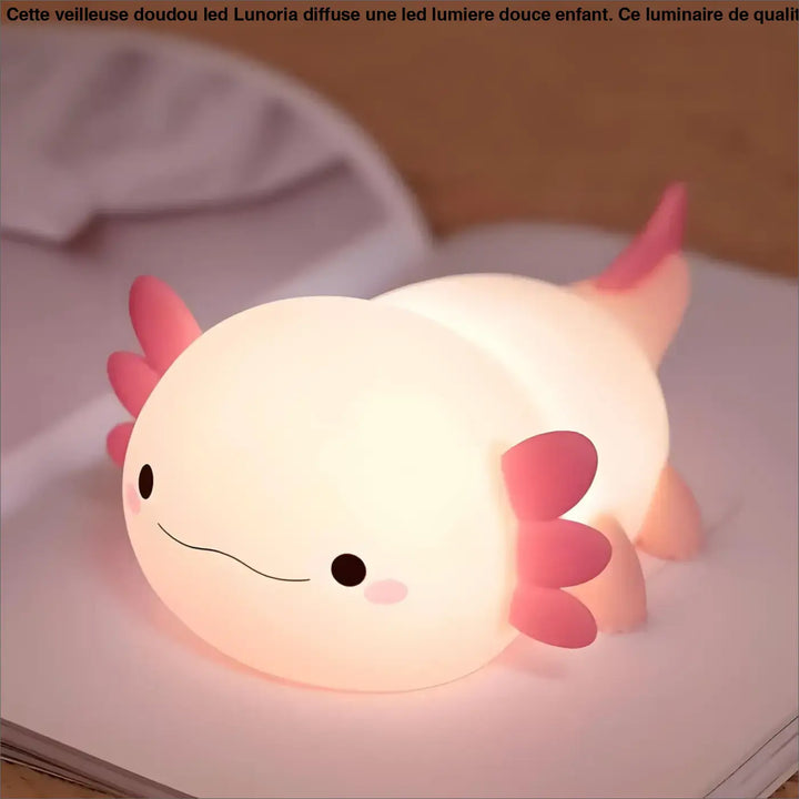 Veilleuse doudou led axolotl rose douce avec yeux noirs mignons et branchies rosées pour enfant lunoria