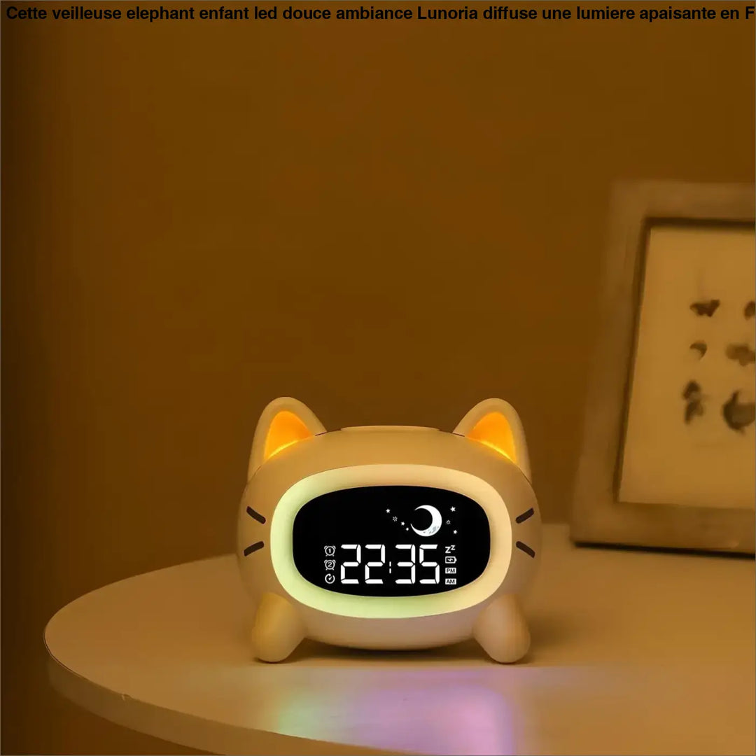 Veilleuse elephant enfant led douce ambiance en forme de chat blanc avec horloge numérique et oreilles lumineuses orange
