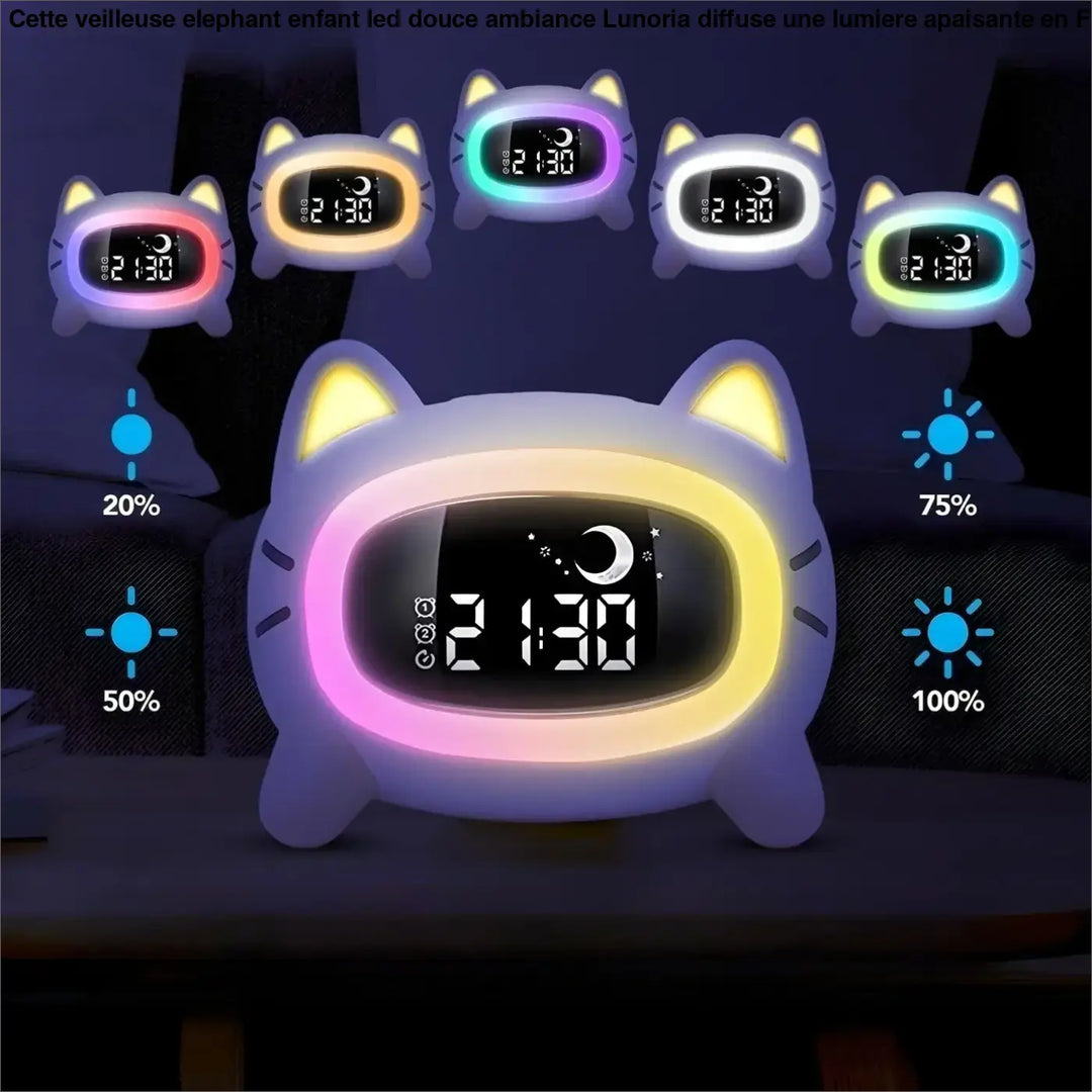 Veilleuse elephant enfant led douce ambiance en forme de chat violet avec horloge numérique et oreilles lumineuses