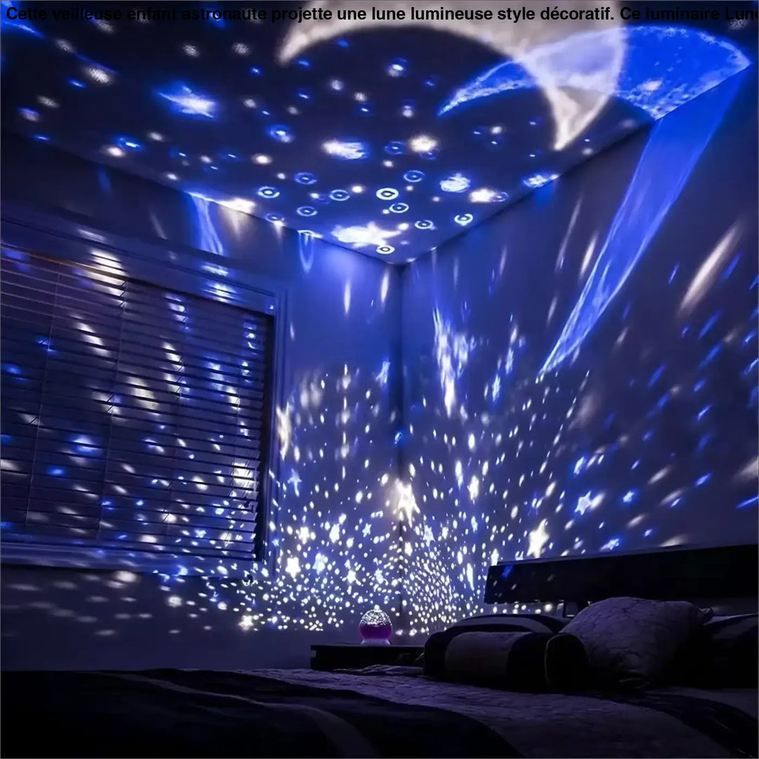 Veilleuse enfant astronaute lune lumineuse violette projetant un ciel étoilé sur murs et plafond style décoratif lunoria