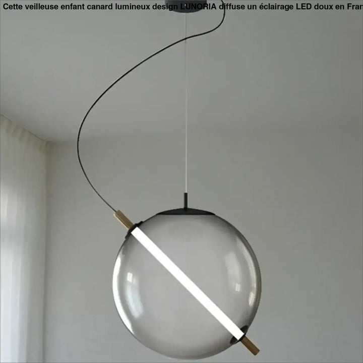Suspension luminaire sphéris moderne avec globe en verre gris translucide, bande led blanche et embouts en bois