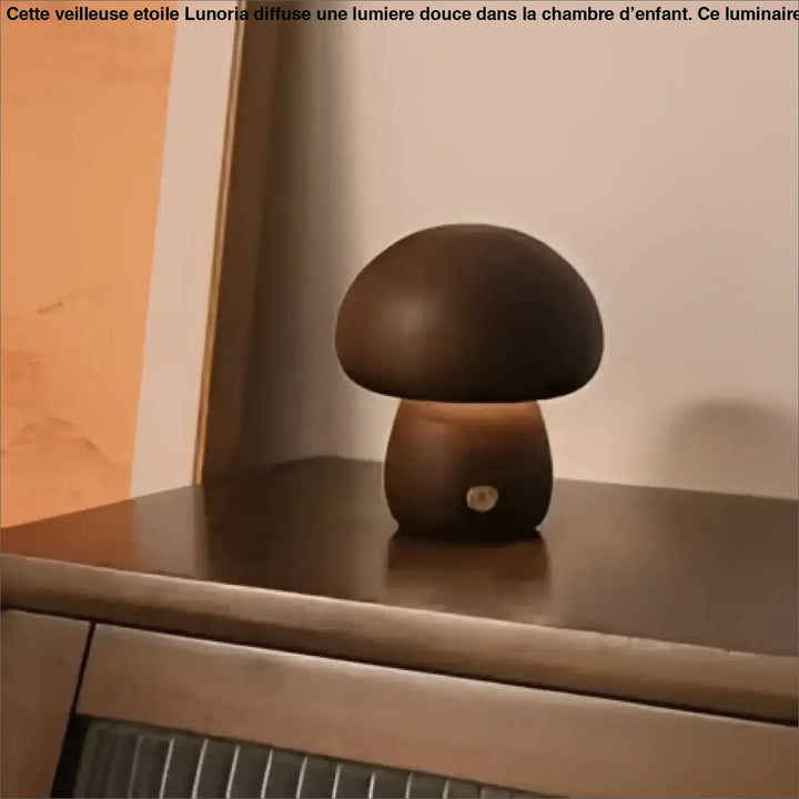 Lampe de chevet champou en bois foncé en forme de champignon élégante avec un abat-jour arrondi lisse