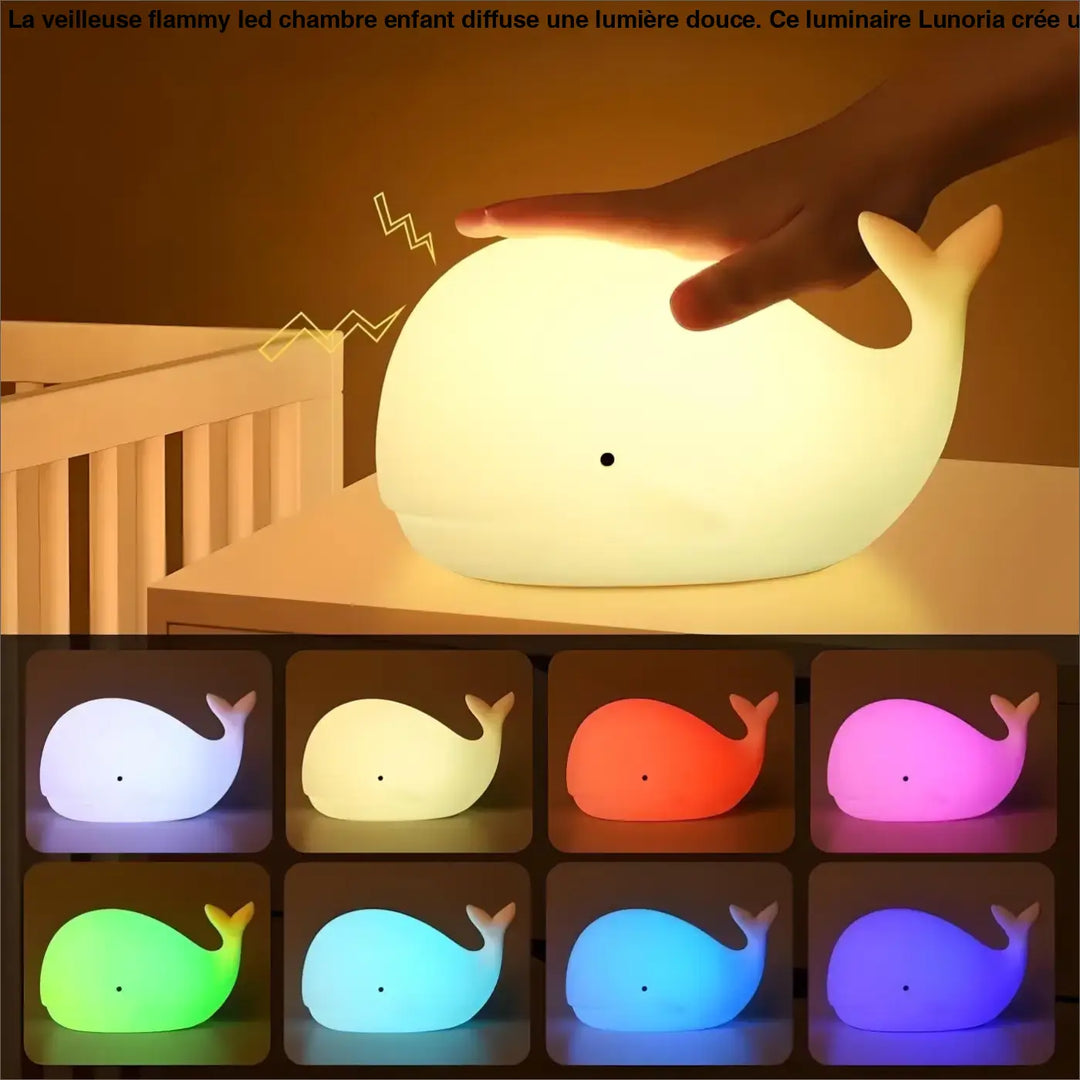 Veilleuse flammy led chambre enfant forme baleine douce en silicone avec yeux noirs simple pour ambiance nuit