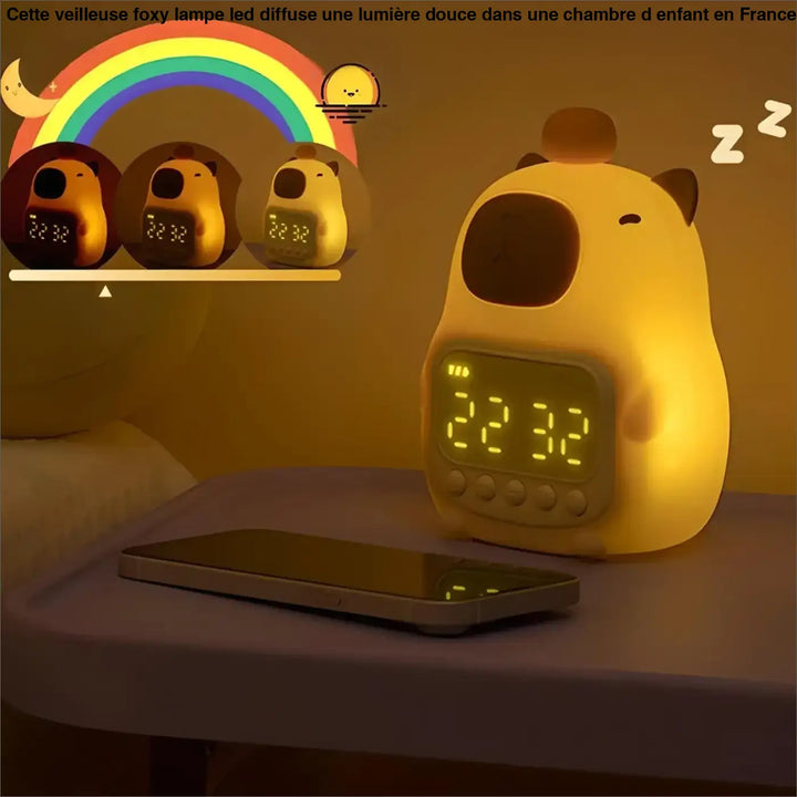 Veilleuse foxy lampe led jaune en forme de chiot avec horloge numérique affichant 22 32 pour chambre d’enfant