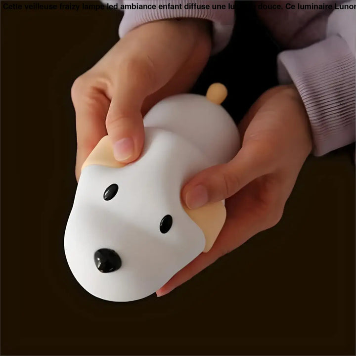 Veilleuse fraizy lampe led ambiance enfant en silicone beige et blanc en forme de chien avec yeux et nez noirs