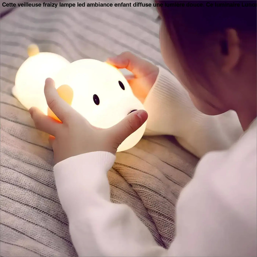 Veilleuse fraizy lampe led ambiance enfant en peluche blanche douce avec yeux noirs et petite queue orange