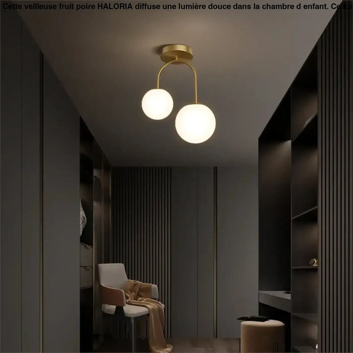 Luminaire plafonnier solia en métal doré avec deux globes en verre dépoli design chic plus classique