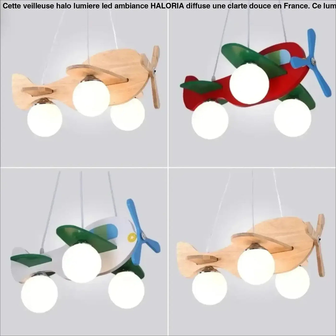 Lampe suspension creaty en bois et peinture forme avion avec trois ampoules sphériques pour décoration intérieure plus qu’un simple éclairage