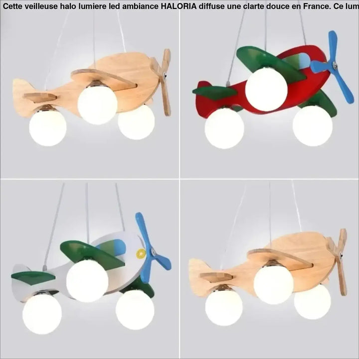 Lampe suspension creaty en bois et peinture forme avion avec trois ampoules sphériques pour décoration intérieure plus qu’un simple éclairage