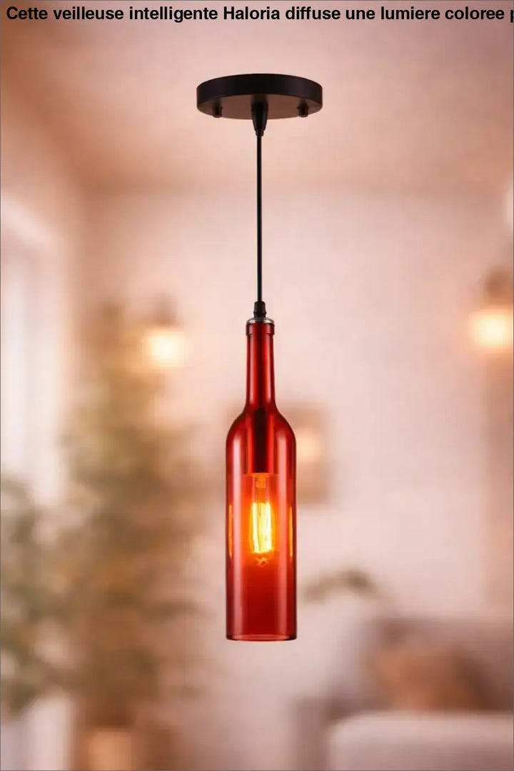 Suspension luminaire aria en bouteille colorée rouge avec ampoule filament visible à linterieur