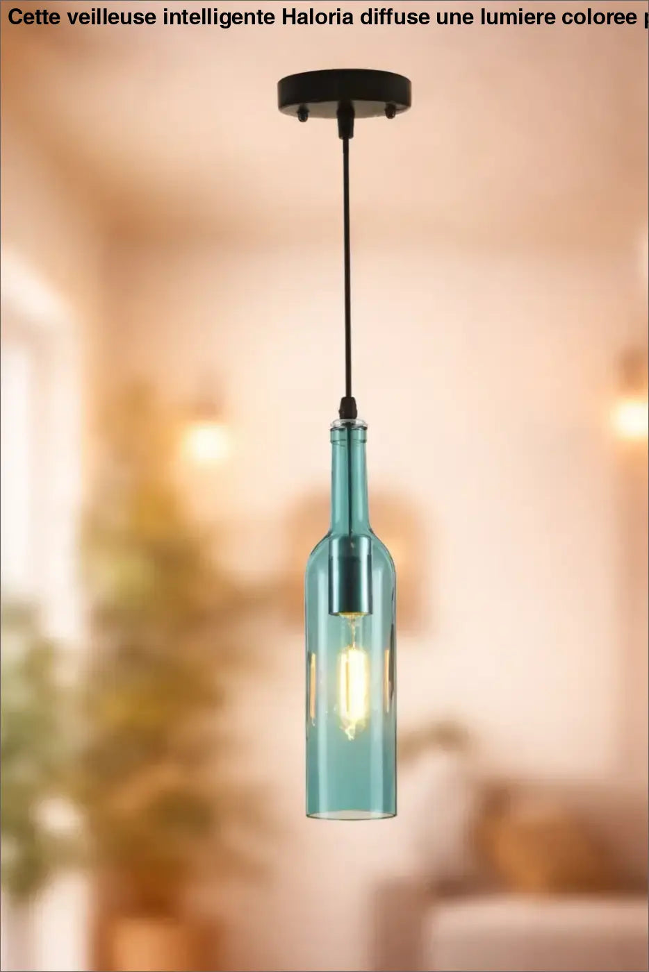 Suspension luminaire aria avec bouteille colorée en verre teal et fixation plafond en métal noir