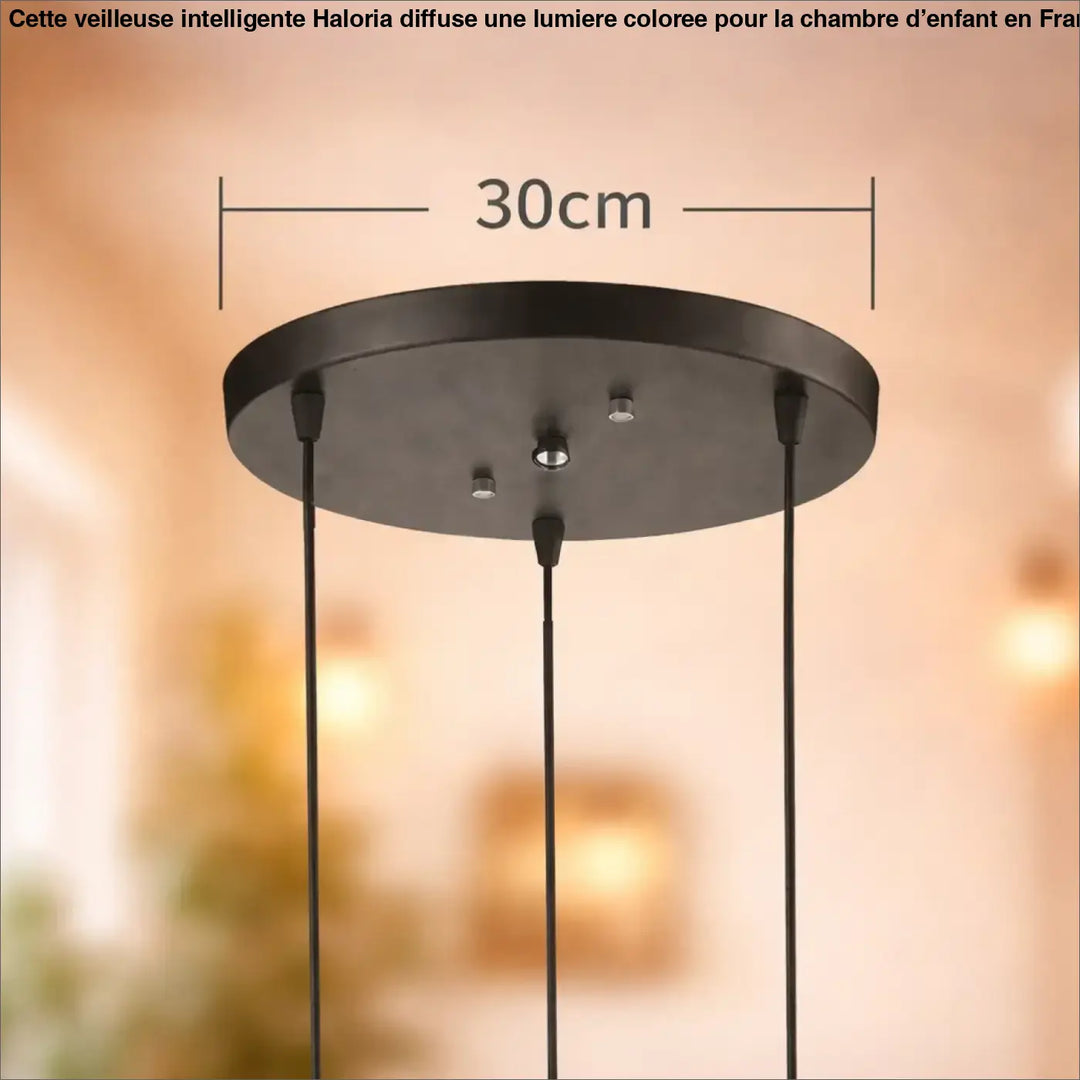 Suspension luminaire aria avec plaque de fixation noire de 30 cm de diamètre et trois cordons suspendus bouteille colorée